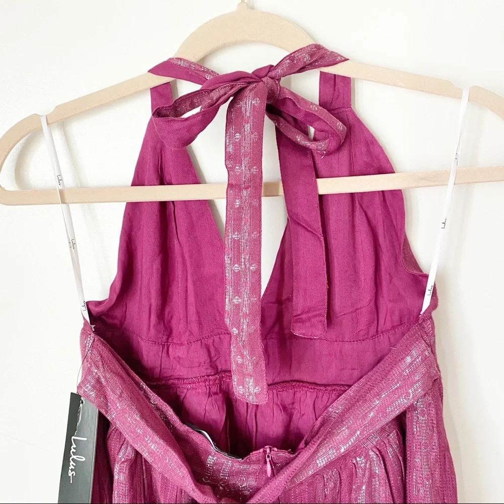 New Lulus Charlize Magenta pink metallic Striped Halter Midi Dress - Picture 4 of 8
